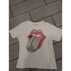 HM Rolling Stones Rainbow Tongue Graphic T-Shirt White L.O.G.G. Womens Small